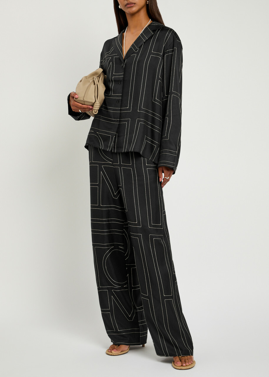 Toteme Logo-embroidered Silk-satin Trousers Black