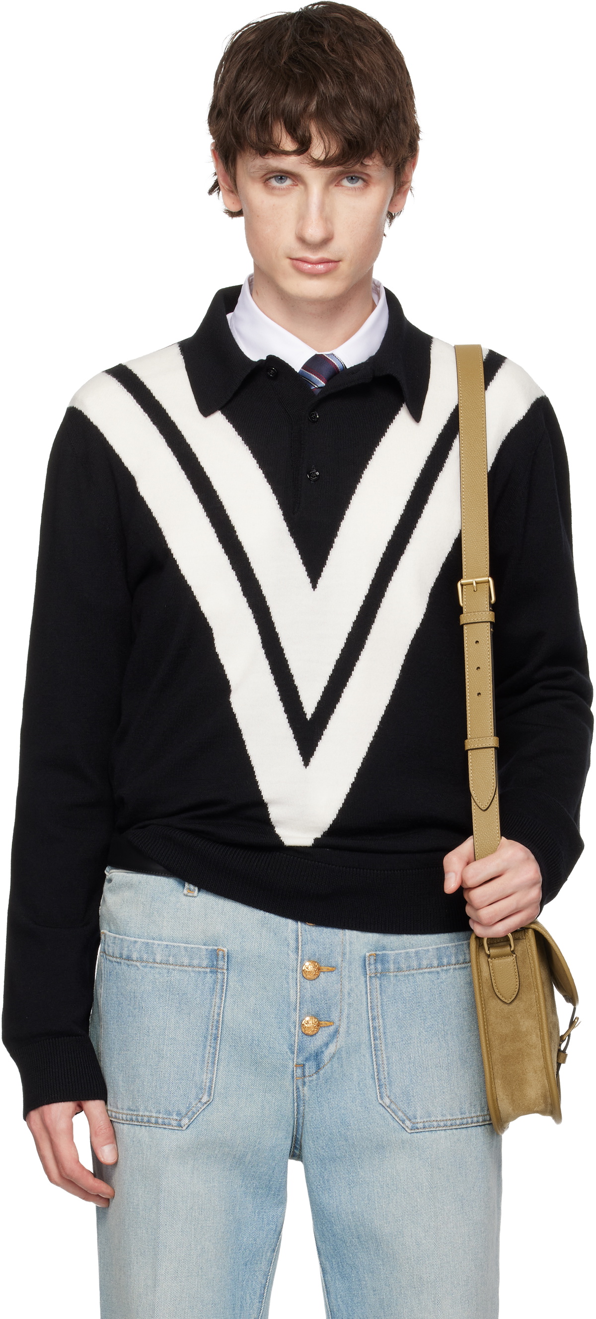 Valentino Black Knit Wool Logo Polo