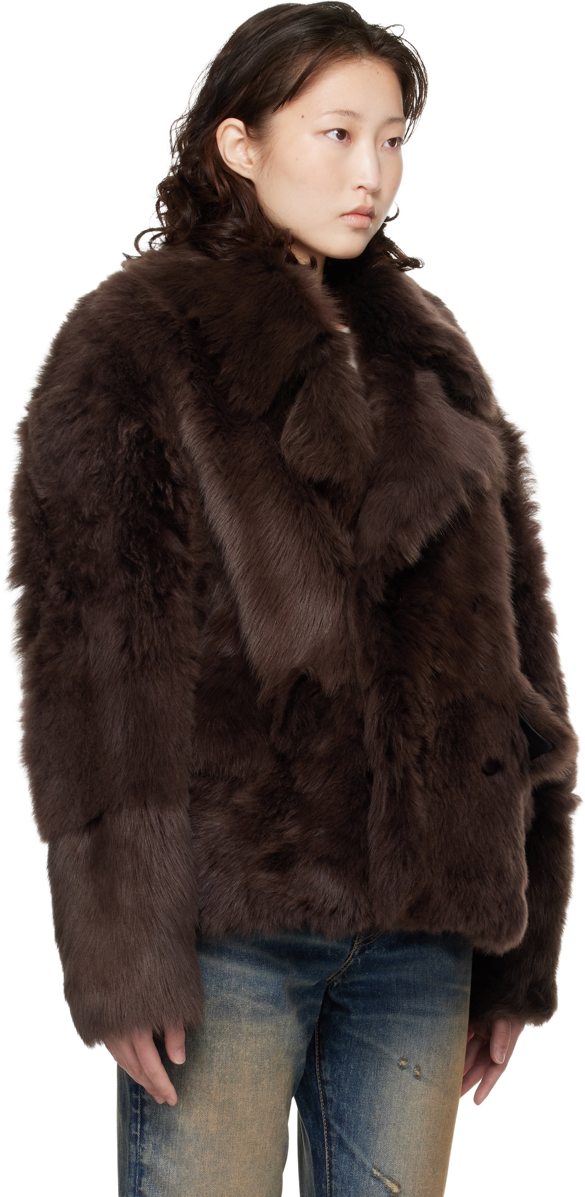Marine Serre Brown Hairy Caban Shearling Coat