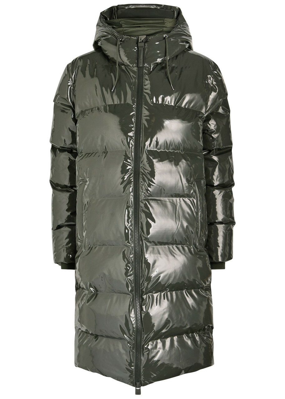 Rains Alta Long Quilted Coated Rubberised Jacket Dark Green