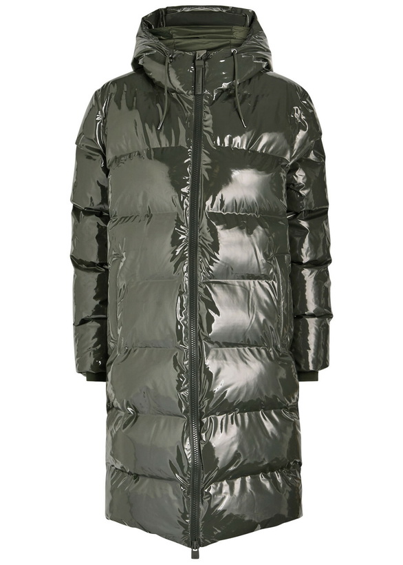 Photo: Rains Alta Long Quilted Coated Rubberised Jacket Dark Green
