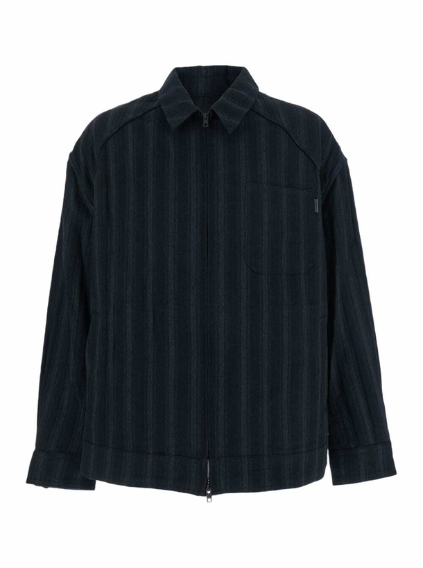 Photo: Juun.J Black Jacket With Classic Collar And All-over Stirped Motif In Wool And Cotton Blend Man