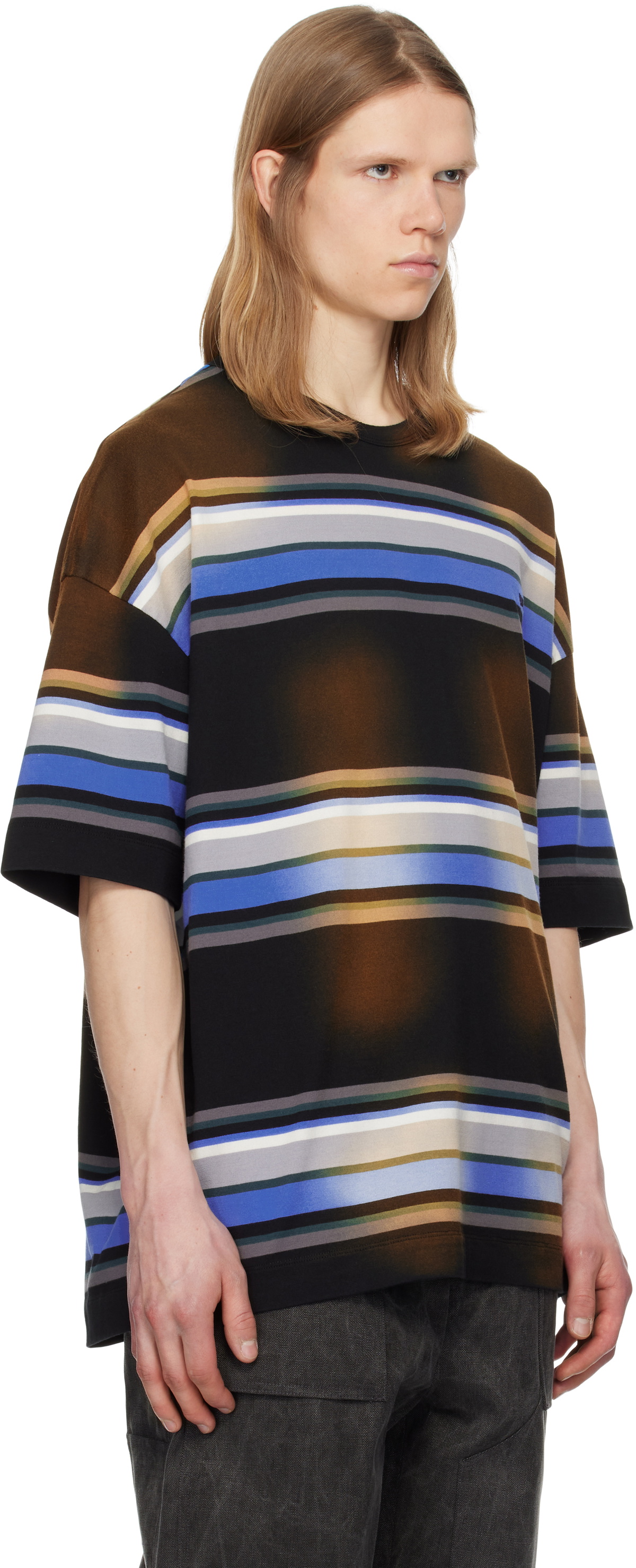 Juun.J Brown & Blue Washed Multi Stripe T-shirt