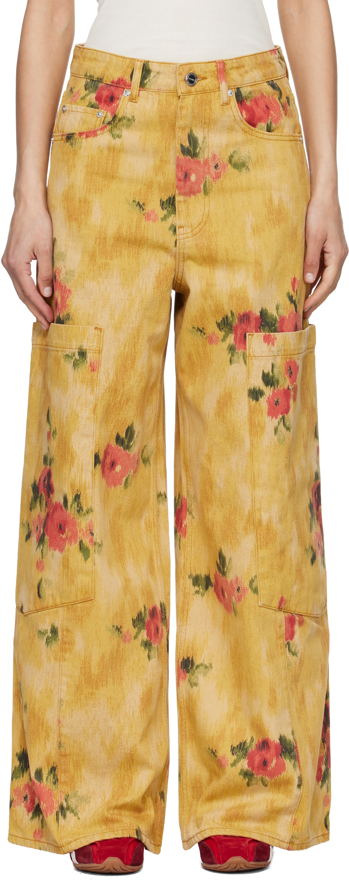 GANNI Yellow Printed Baggy Cargo Jeans