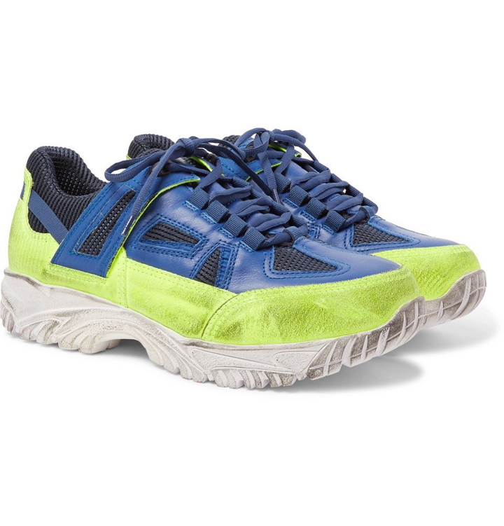Photo: Maison Margiela - Distressed Leather, Suede and Mesh Sneakers - Men - Blue