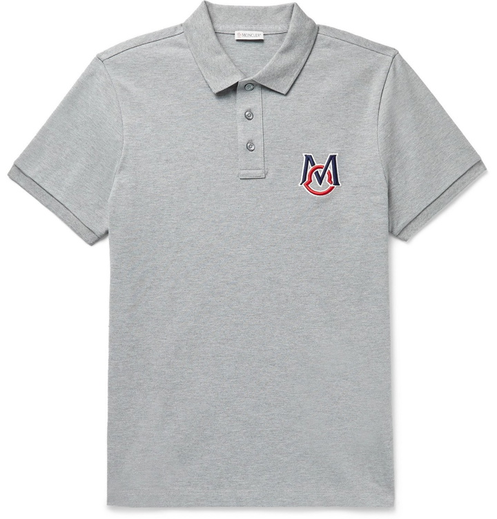 Photo: MONCLER - Slim-Fit Logo-Embroidered Melangé Cotton-Piqué Polo Shirt - Gray