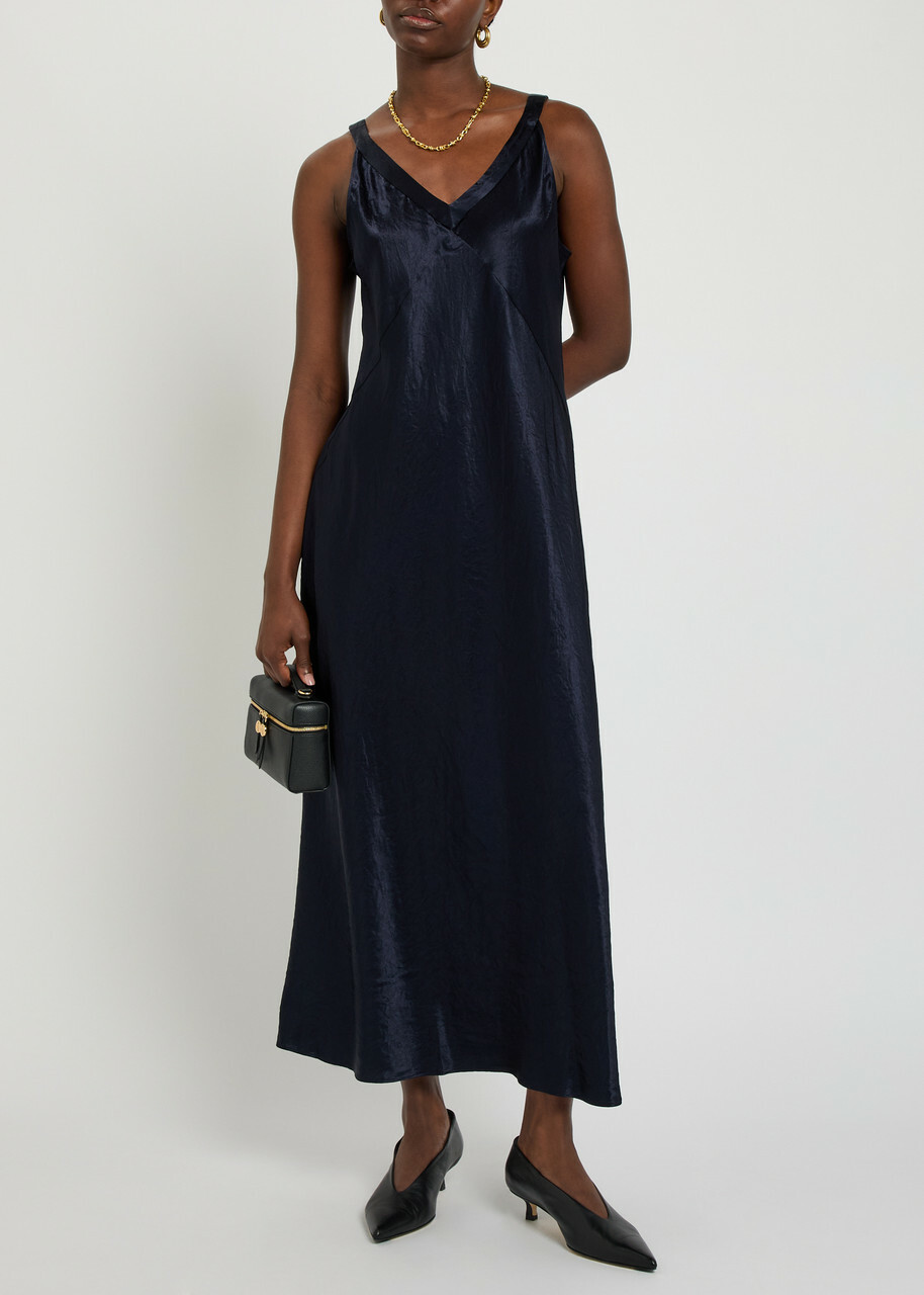 Eileen Fisher Crinkled Satin Midi Dress Dark Blue