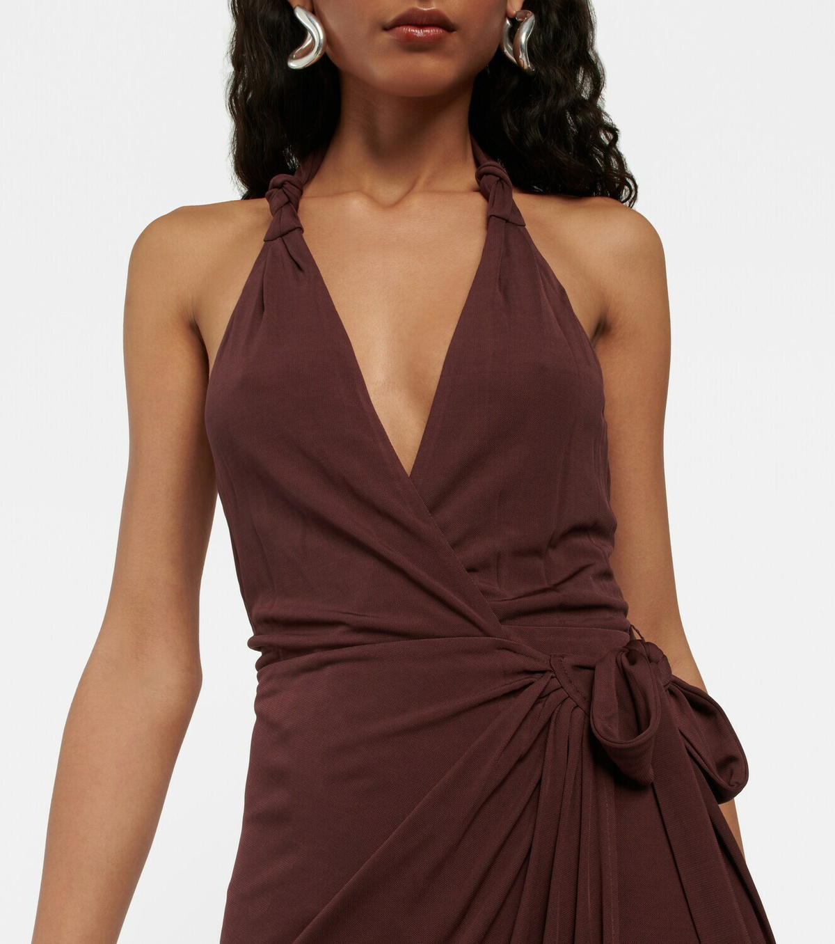 halter maxi dress floral Elegant Halter Taupe Multi-Color Floral Print Satin Open Back Ruffle Maxi Dress with Middle Slit M / Taupe