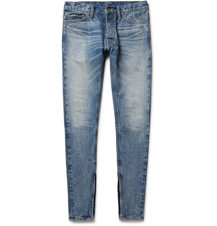 Photo: Fear of God - Skinny-Fit Zip-Detailed Distressed Selvedge Denim Jeans - Mid denim