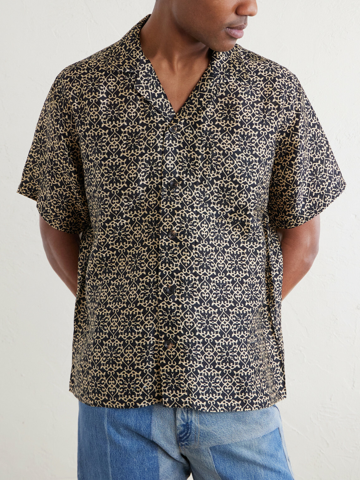 Kartik Research - Camp-Collar Printed Silk Shirt - Black