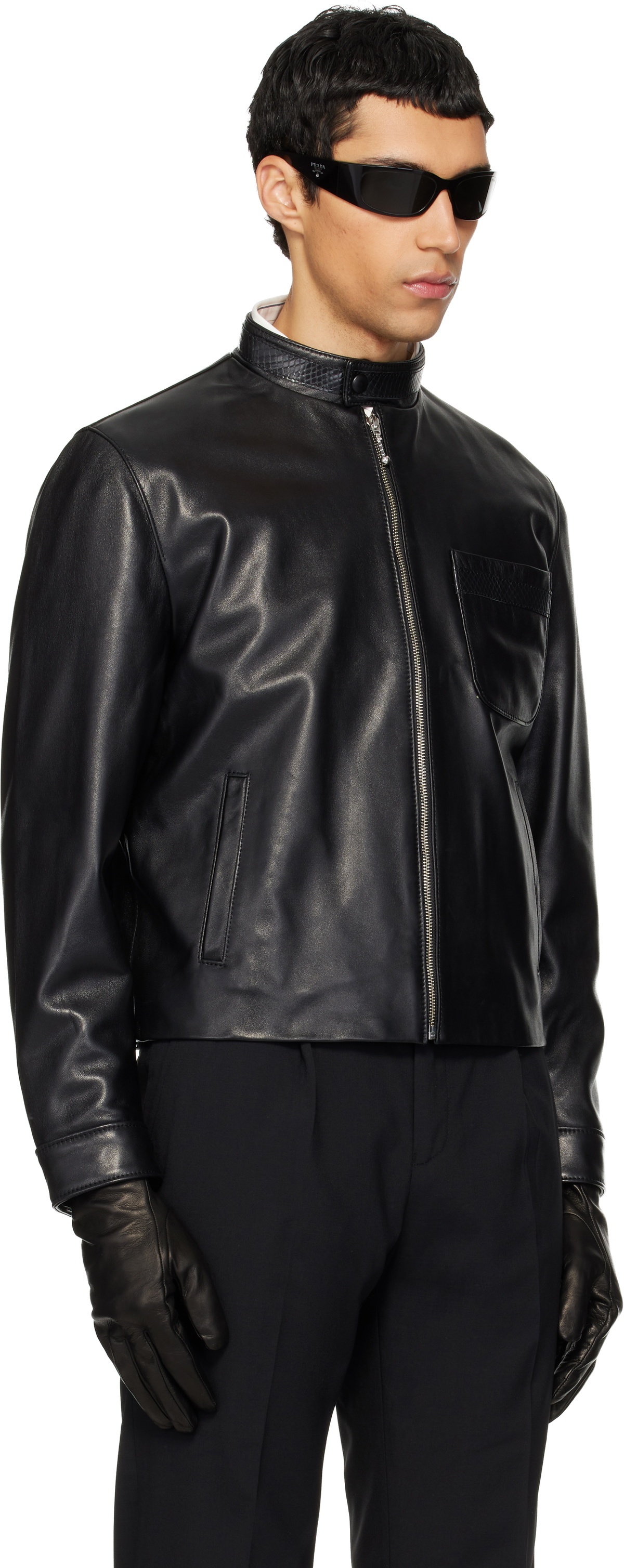 Ernest W. Baker Black Snake Trim Leather Jacket