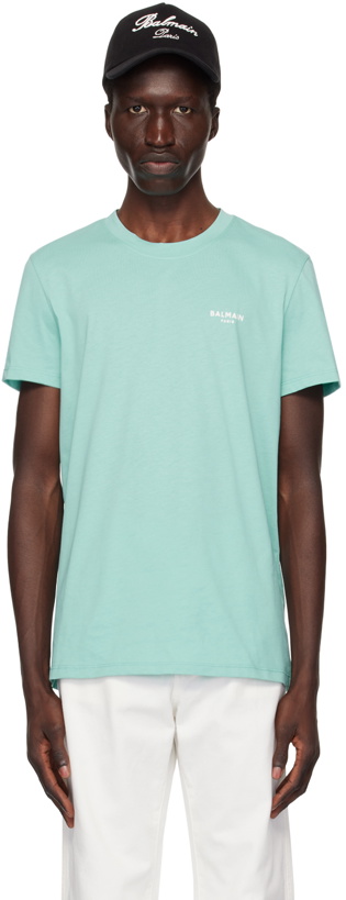 Photo: Balmain Blue 'Balmain Paris' Flocked T-Shirt