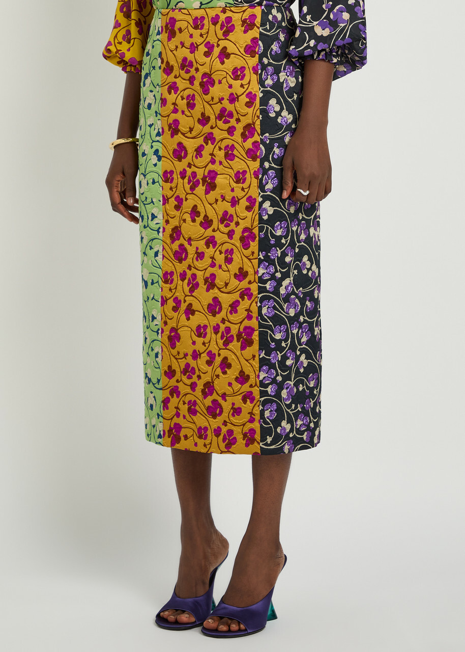 LA Double J Pencil Floral-jacquard Woven Midi Skirt Yellow