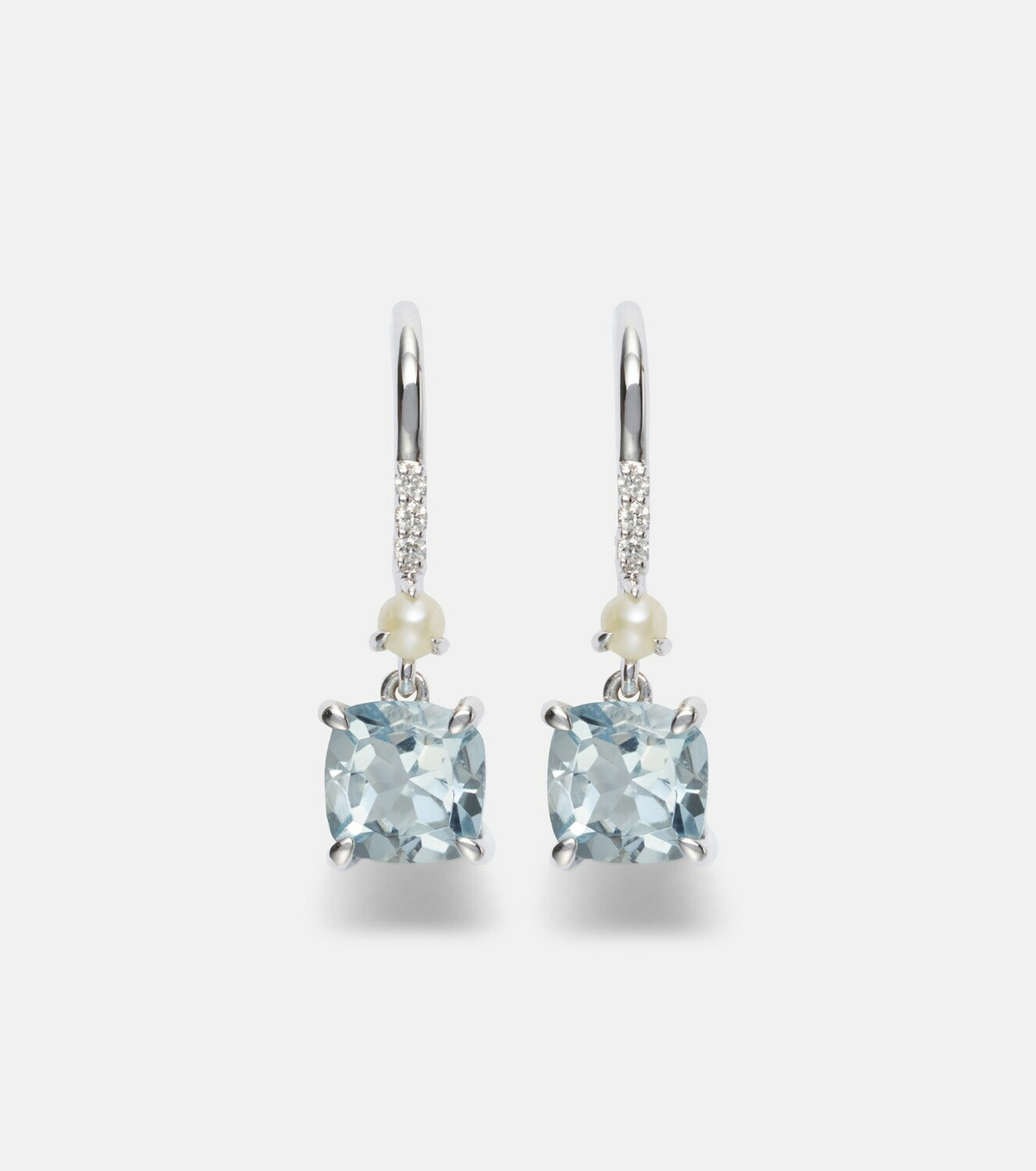 Stone and Strand 14kt white gold earrings with aquamarines, pearls, and diamonds