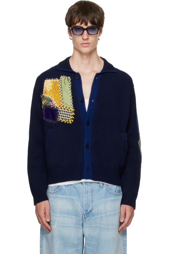Photo: BLUEMARBLE Navy Embroidered Patchwork Knitted Cardigan