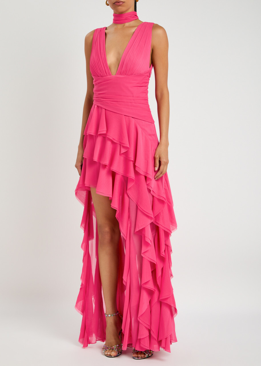 holly low neck asymmetric ruffled maxi dress Clementine High Low Ruffle Maxi Dress • Shop American Threads Boutique Berry / XS