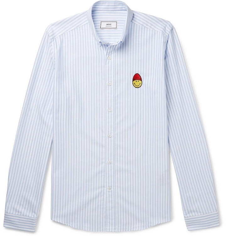 Photo: AMI - Button-Down Collar Logo-Appliquéd Striped Cotton Oxford Shirt - Blue