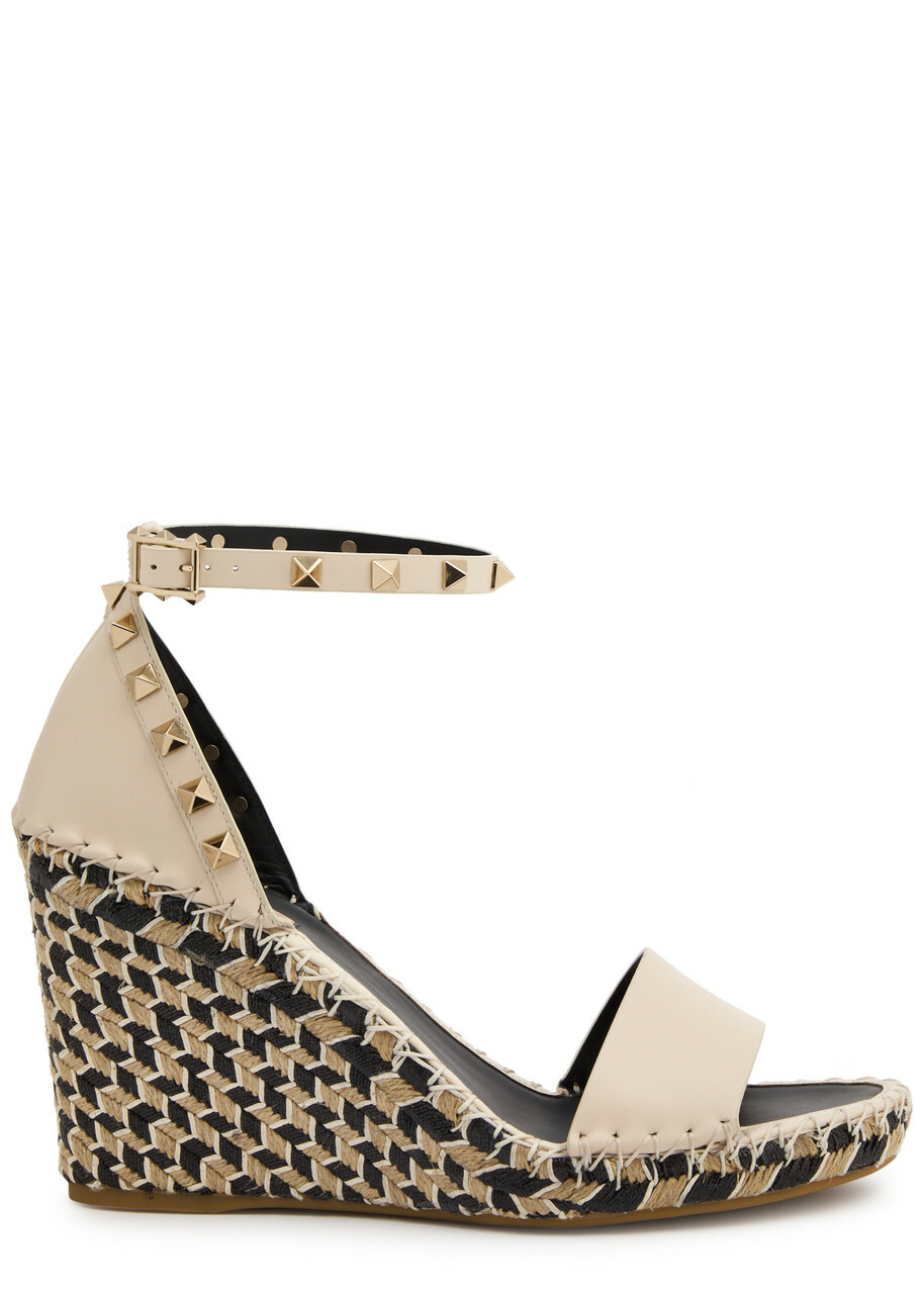 Valentino Rockstud 100 Leather Wedge Espadrilles Ivory