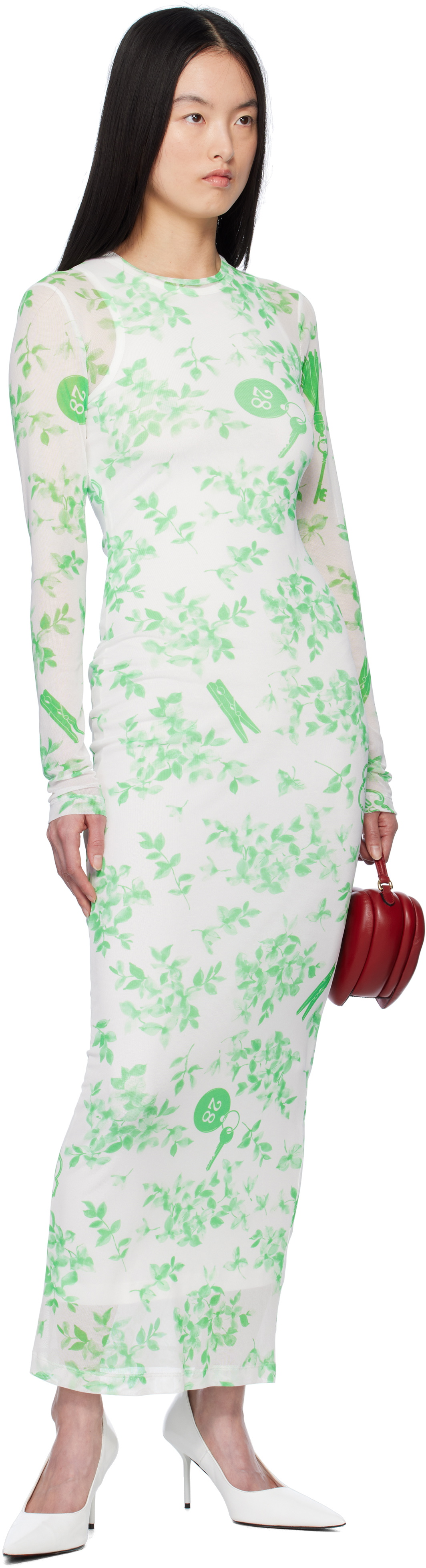 Moschino Jeans Green & White Floral Print Mesh Maxi Dress
