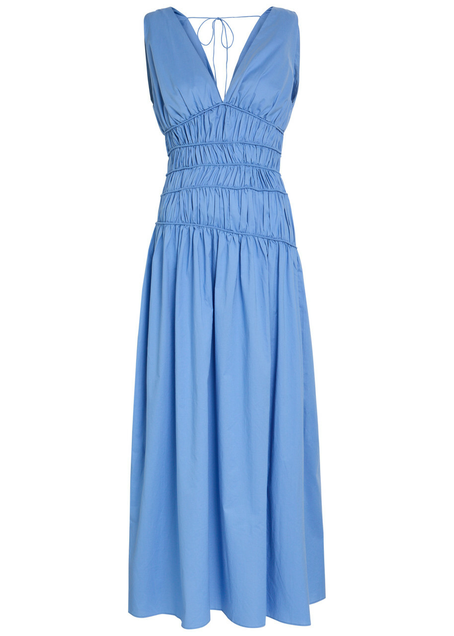Faithfull The Brand Saja Smocked Cotton Maxi Dress Blue