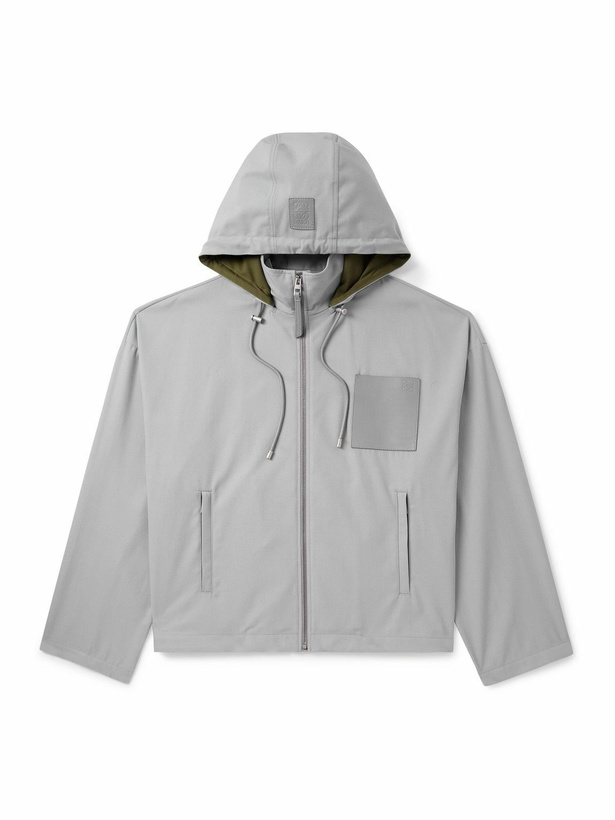 Photo: LOEWE - Logo-Debossed Leather-Trimmed Cotton-Twill Hooded Jacket - Gray