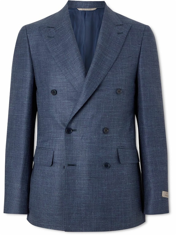 Photo: Canali - Double-Breasted Wool, Silk and Linen-Blend Blazer - Blue