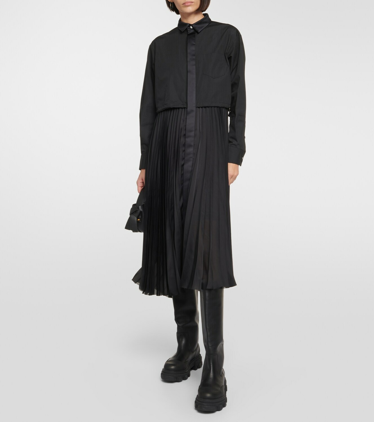 Sacai Pleated poplin and satin midi dress Sacai