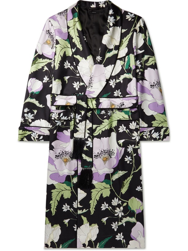 Photo: TOM FORD - Tasselled Piped Floral-Print Silk-Twill Robe - Blue