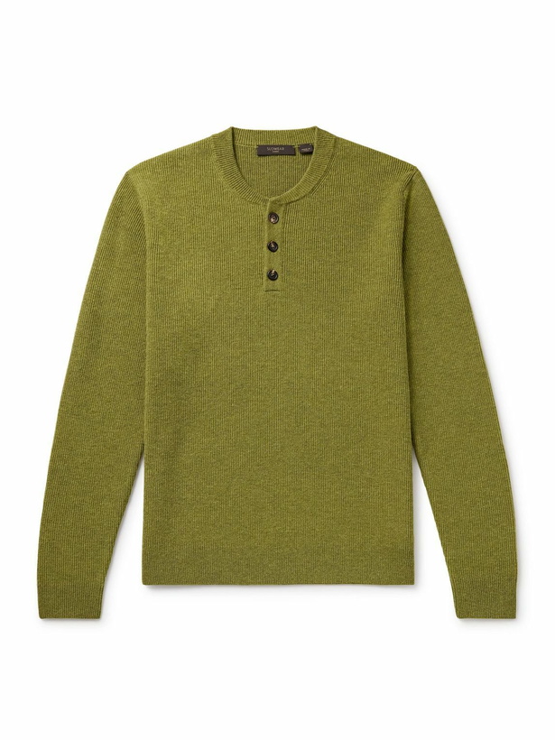 Photo: Incotex - Zanone Slim-Fit Ribbed Virgin Wool Henley Sweater - Green