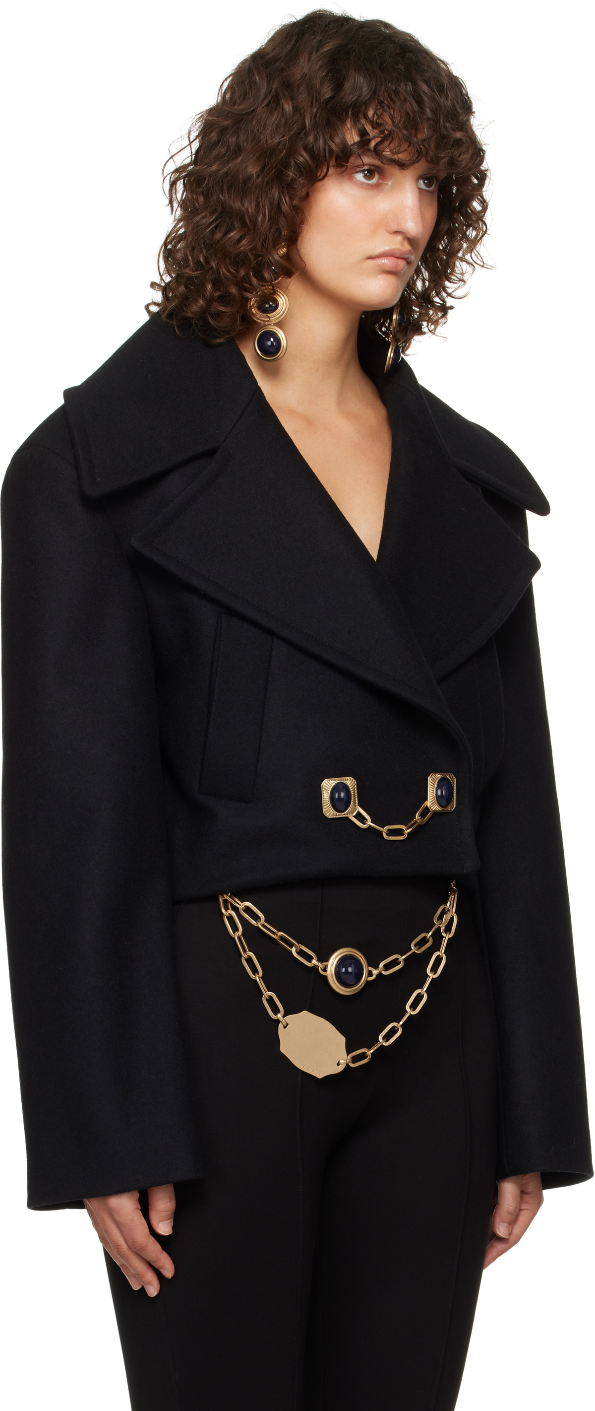 AREA Black Gemstone Button Cropped Peacoat