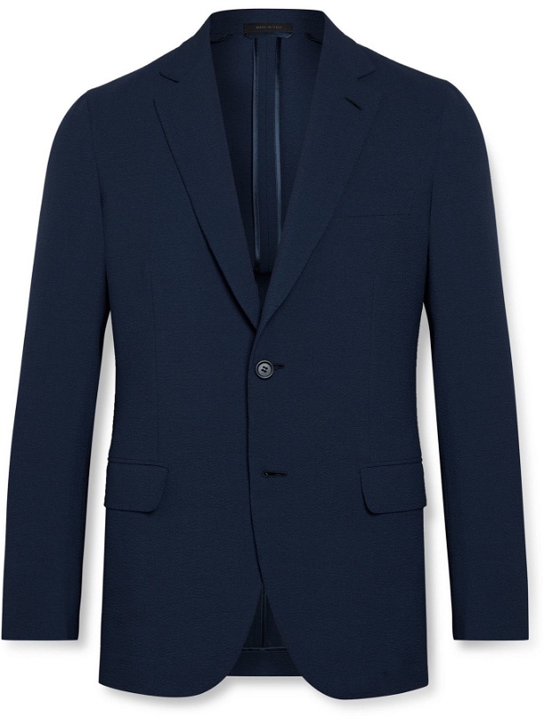 Photo: BRIONI - Unstructured Stretch Virgin Wool and Silk-Blend Seersucker Suit Jacket - Blue