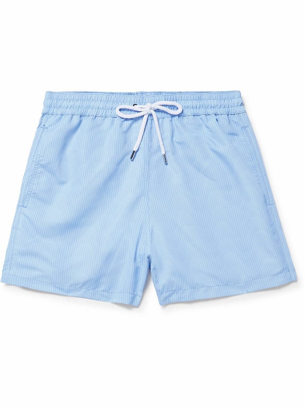 Photo: Frescobol Carioca - Straight-Leg Short-Length Striped Swim Shorts - Blue