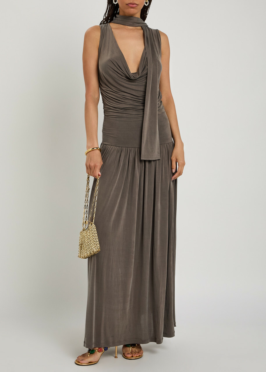 Aya Muse Alyve Scarf-effect Brushed Jersey Maxi Dress Chocolate