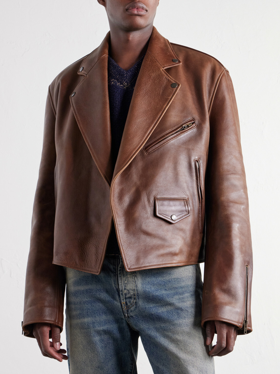 Maison Margiela - Cropped Distressed Full-Grain Leather Biker Jacket - Brown