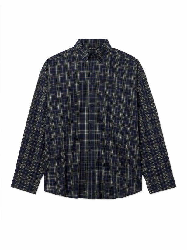 Photo: Balenciaga - Oversized Button-Down Collar Logo-Print Checked Cotton-Flannel Shirt - Blue