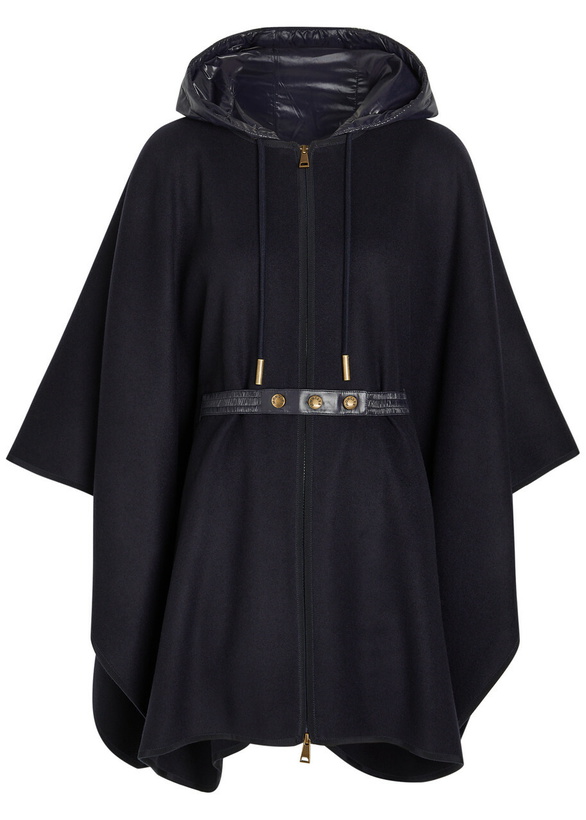 Photo: Moncler Hooded Belted Wool-blend Cape Coat - Navy - One Size