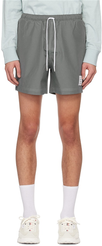 Photo: Thom Browne Gray Contrast Stich Track Shorts