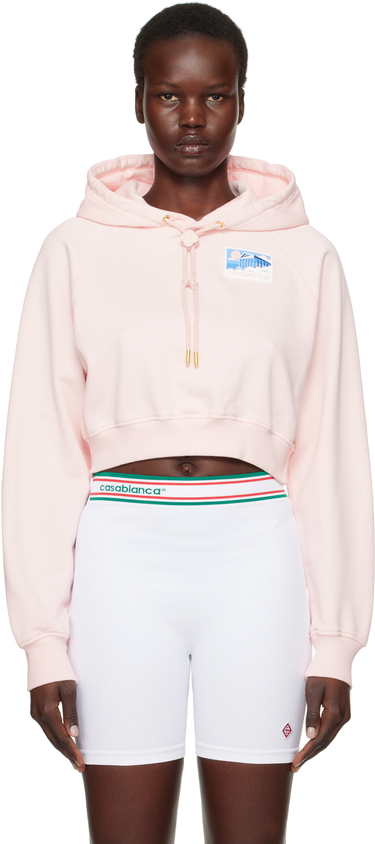 Casablanca Pink Greek Temple Rubber Patch Crop Hoodie