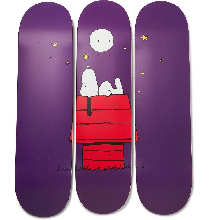 Photo: The SkateRoom - Peanuts by Rob Pruitt Set of Three Printed Wooden Skateboards - Purple