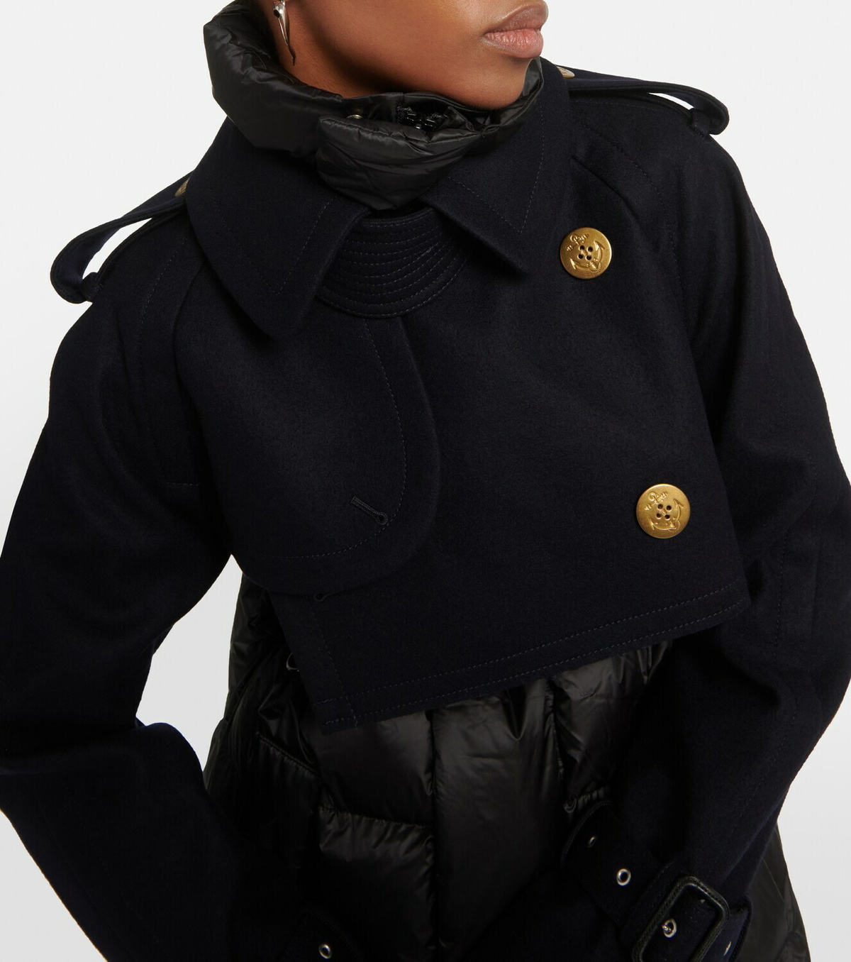 Khaki & Beige Wool Melton & Nylon Twill Quilted Coat by