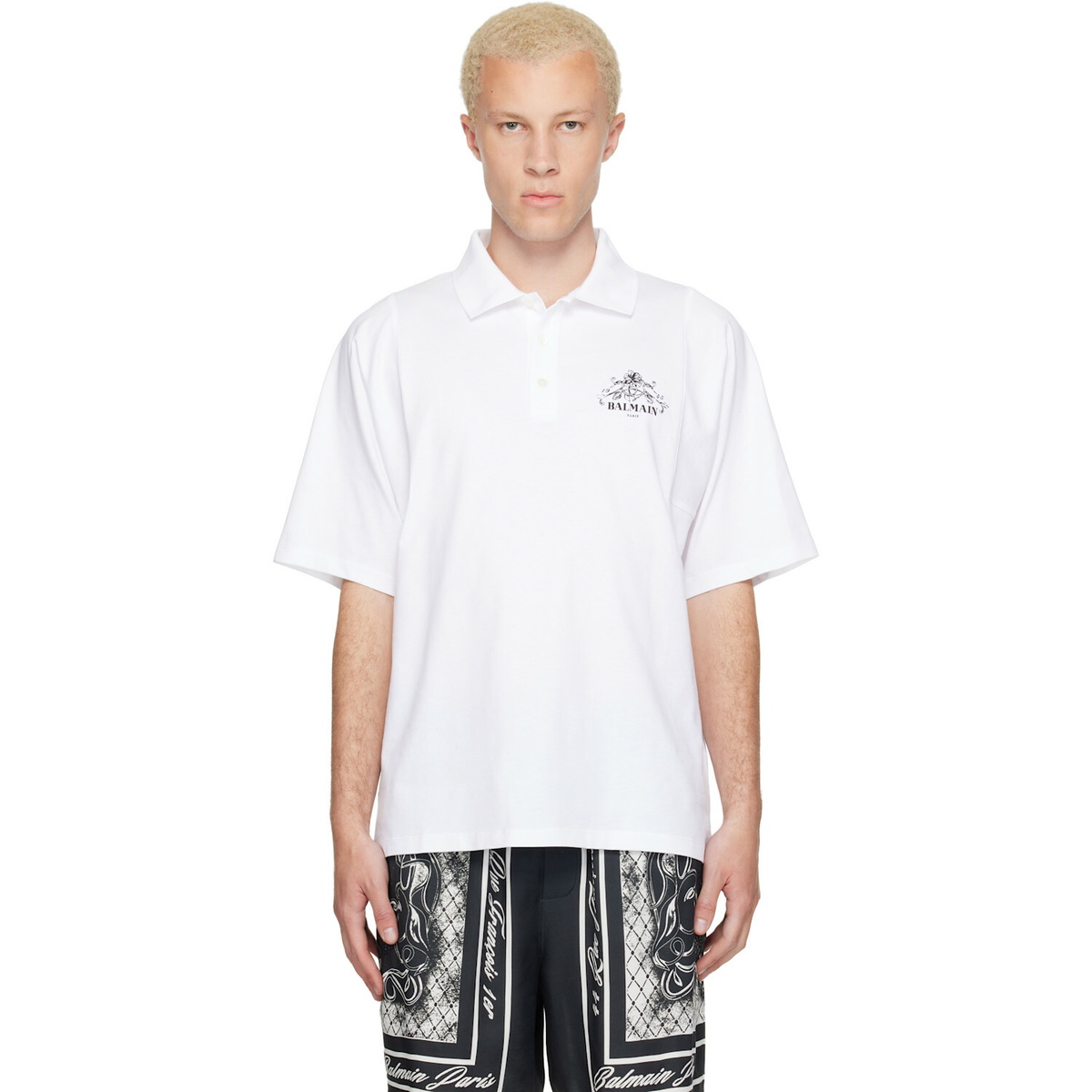 BALMAIN White Printed 'Balmain Vine' Polo