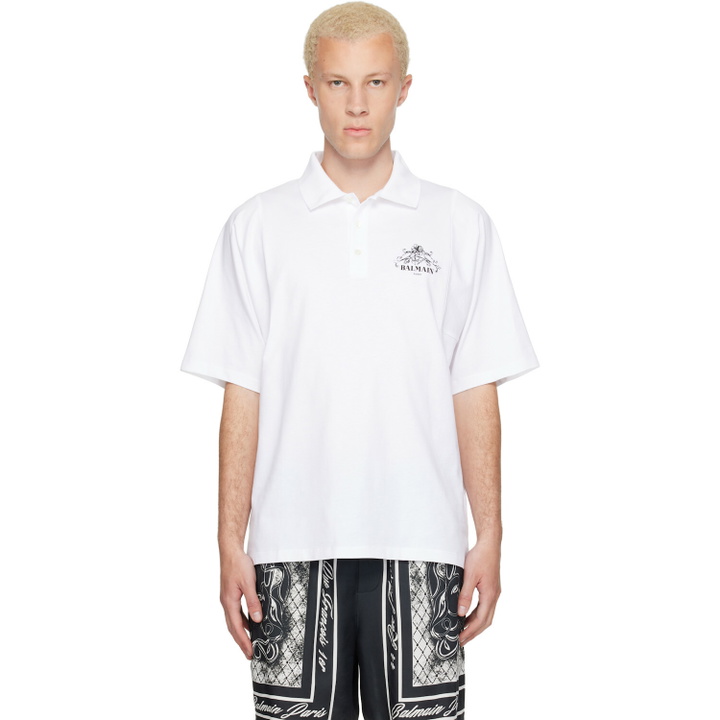 Photo: BALMAIN White Printed 'Balmain Vine' Polo