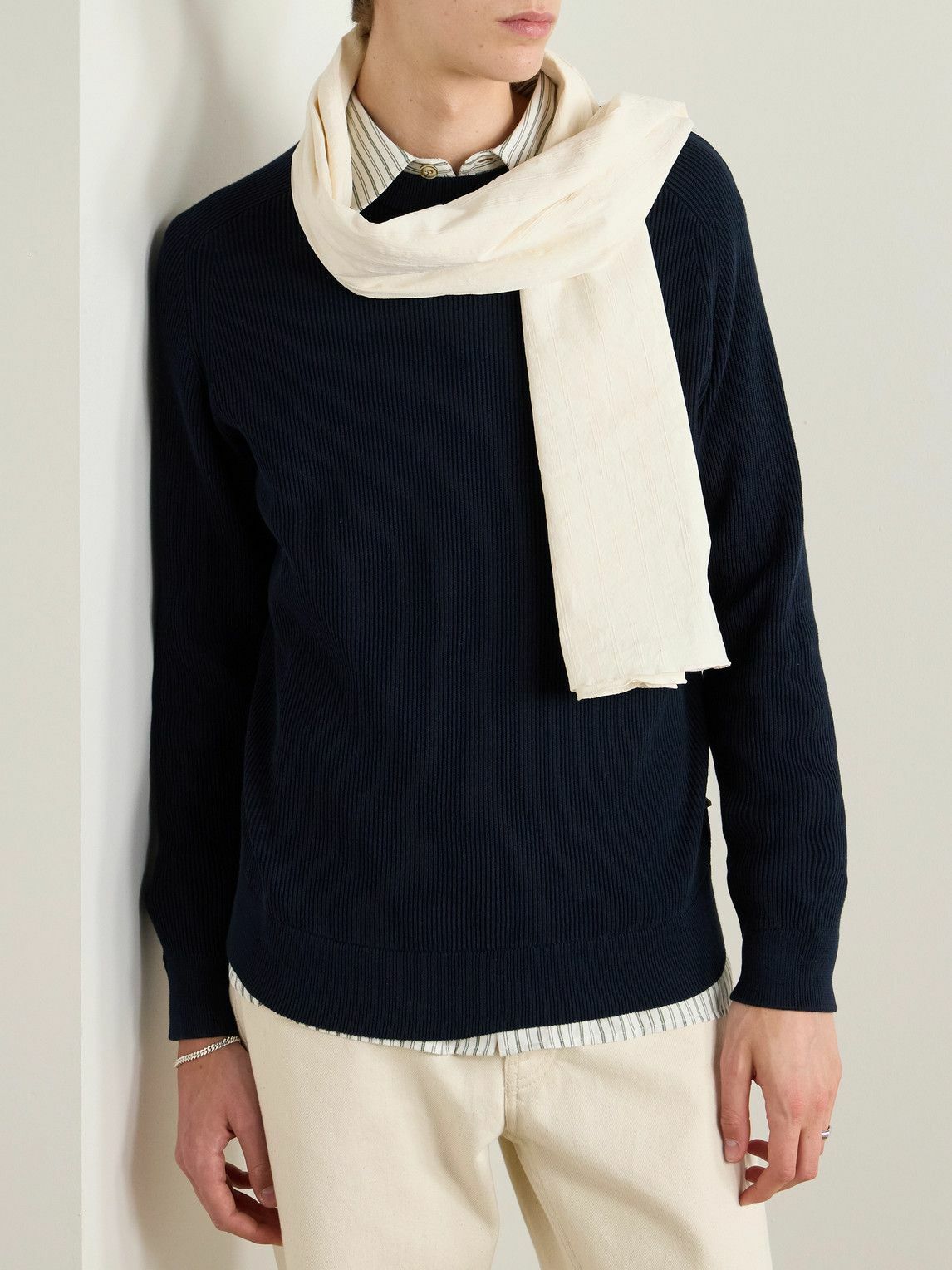 MILES LEON - Brazee Striped Tumbled Cotton and Linen-Blend Scarf