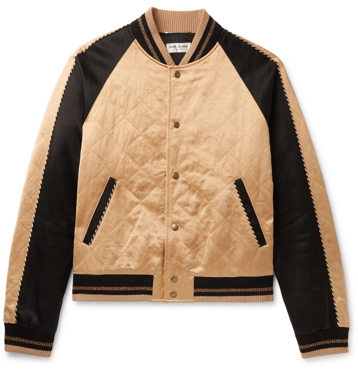 Photo: SAINT LAURENT - Slim-Fit Piped Colour-Block Quilted Satin Bomber Jacket - Neutrals