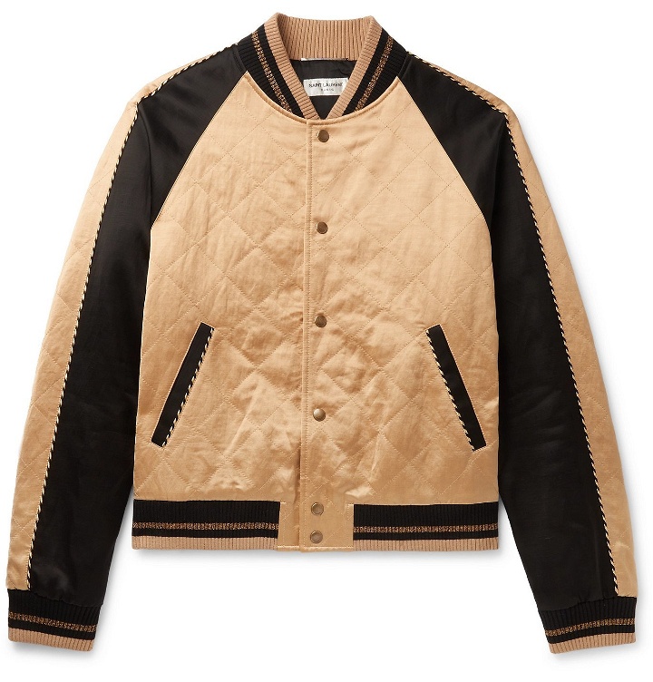 Photo: SAINT LAURENT - Slim-Fit Piped Colour-Block Quilted Satin Bomber Jacket - Neutrals