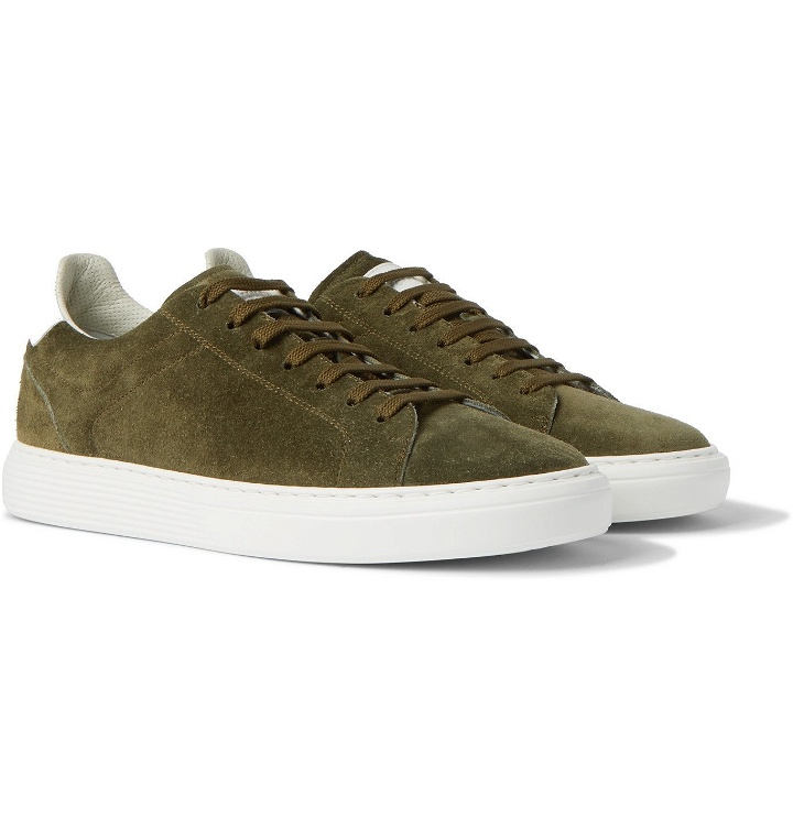Photo: Brunello Cucinelli - Leather-Trimmed Suede Sneakers - Green