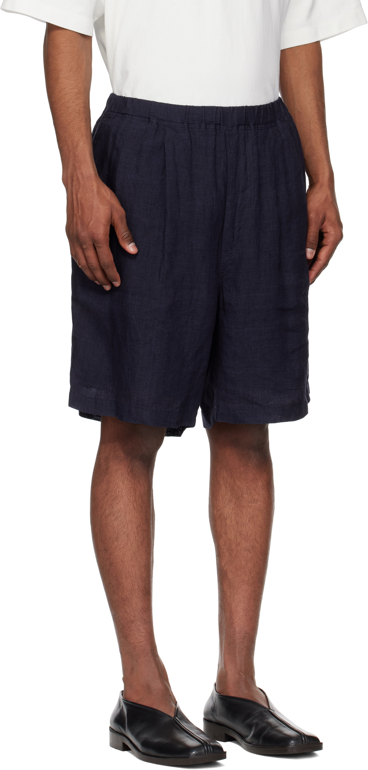 YLÈVE Navy Linen Poplin Shorts