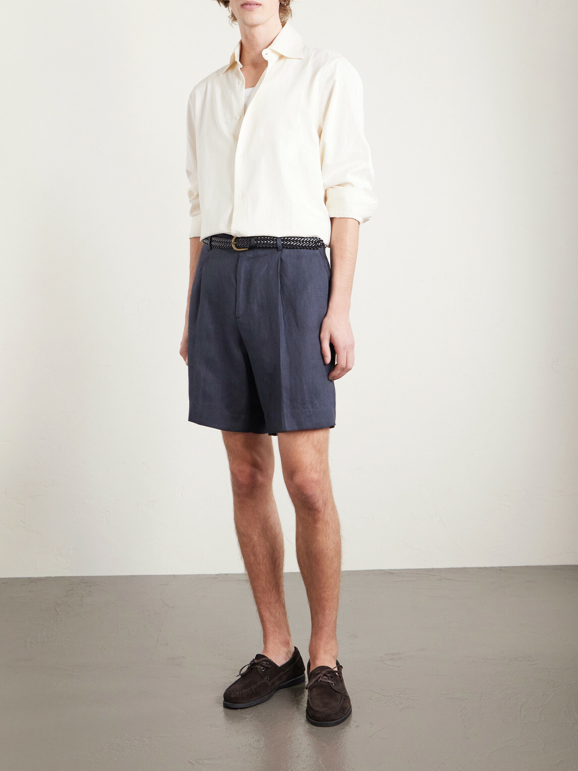 Lardini - Straight-Leg Pleated Linen-Twill Shorts - Blue