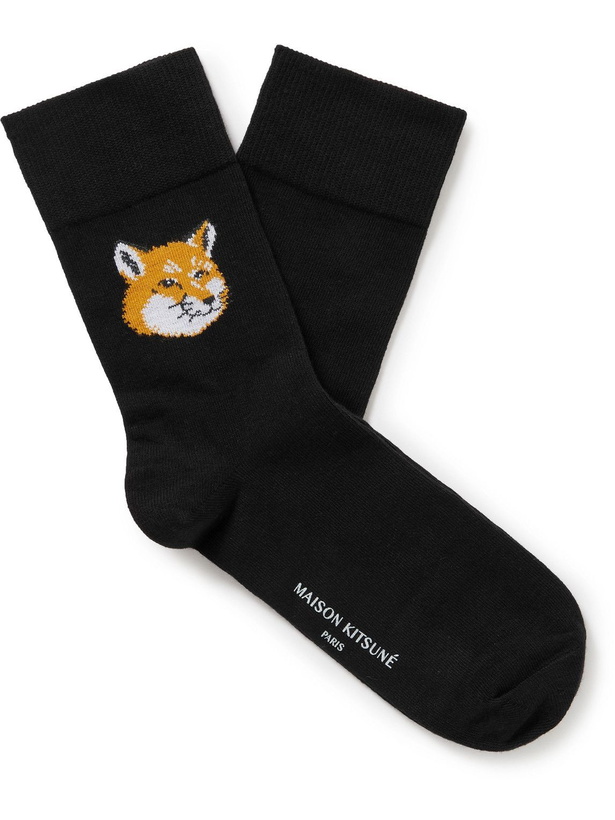 Photo: Maison Kitsuné - Logo-Jacquard Stretch Cotton-Blend Socks - Black