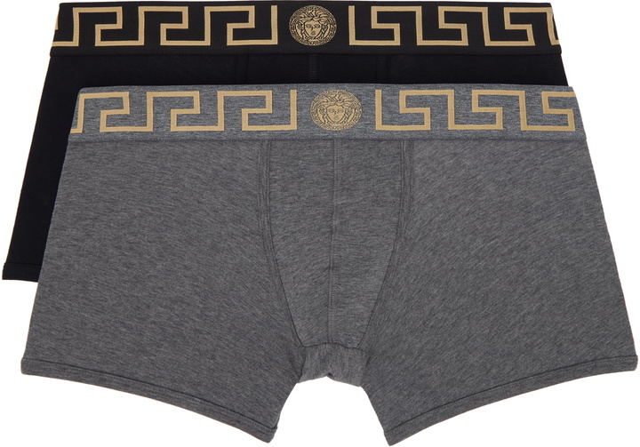 Photo: Versace Two-Pack Black & Gray Greca Border Long Boxer Briefs